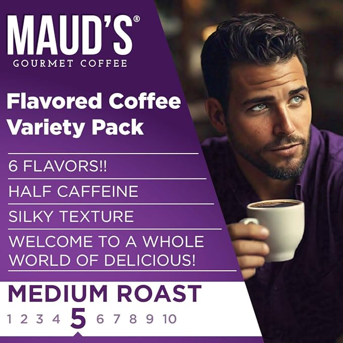 Maud's Half Caff Coffee Pods Variety Pack 48 ct 6 Assorted Flavors Medium Roast Coffee in Single Serve Pods – 100% Arabica Coffee Compatible with Keurig K Cups Maker