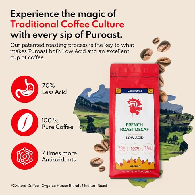 Puroast Low Acid Coffee Decaf | Decaf French Roast Ground | Dark Roast | High Antioxidants &amp High pH |No Bitter Aftertaste | Reduced Heartburn &amp GERD | Suitable for Cold Brew - 2.2 LB