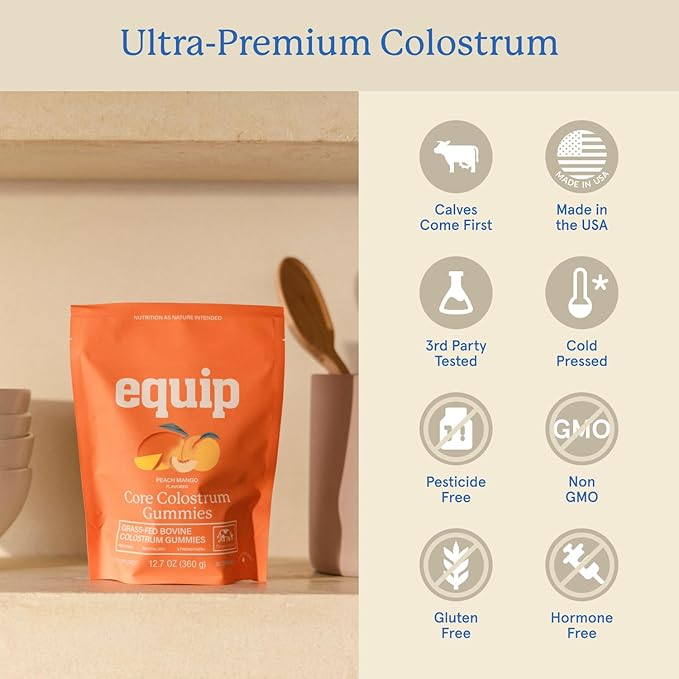Equip Foods Core Bovine Colostrum Gummies Delicious 1g Per Seving Grass Fed Colostrum Supplement - Gut Health Immunity Recovery Hair &amp Skin - 60 Bovine Colostrum Gummies 30 Servings Peach Ma