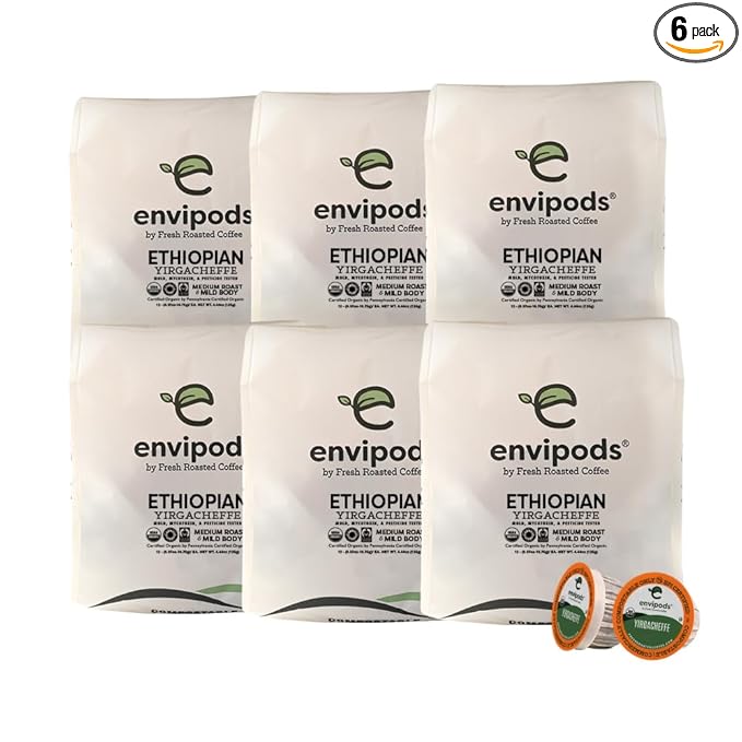 Fresh Roasted Coffee Organic Ethiopian Yirgacheffe envipods | BPI Compostable USDA Organic Kosher 3rd Party Tested for Mold Myco Pesticides | 72 CT Compatible With 1.0 &amp 2.0 K Cup Brewers