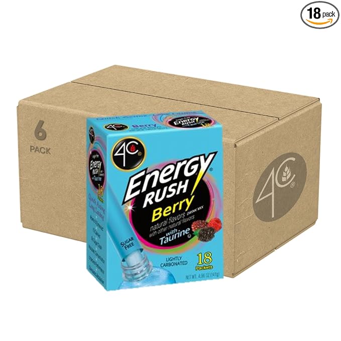 4C Energy Rush Stix Berry 6 Pack 18 Count Single Serve Water Flavoring Packets Sugar Free with Taurine On the Go Bundle