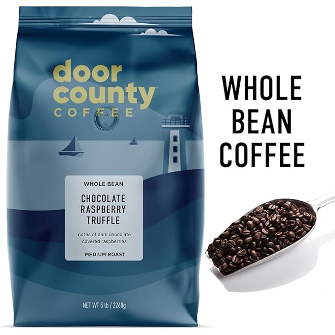 Door County Coffee Chocolate Raspberry Truffle Flavored Coffee Whole Bean - 5lb Bag - Medium Roast - 100% Specialty Arabica - Gourme - Dark Chocolate Covered Raspberry Flavored