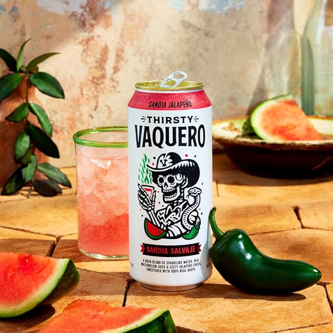 Thirsty Vaquero Watermelon Jalapeño Flavored soda (Sandia Salvaje) Mexican-inspired soda Real Fruit Juice &amp Savory Spices Made with Organic Agave Low Calorie Natural Juice 16 oz Cans 12-Pa
