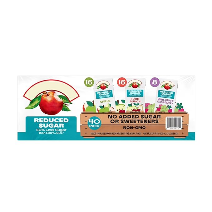 Reduced Sugar 100% Juice Variety Pack – 6.75 fl oz 40 Count – Apple White Grape Raspberry and Fruit Punch Flavors - 100% Daily Value Vitamin C