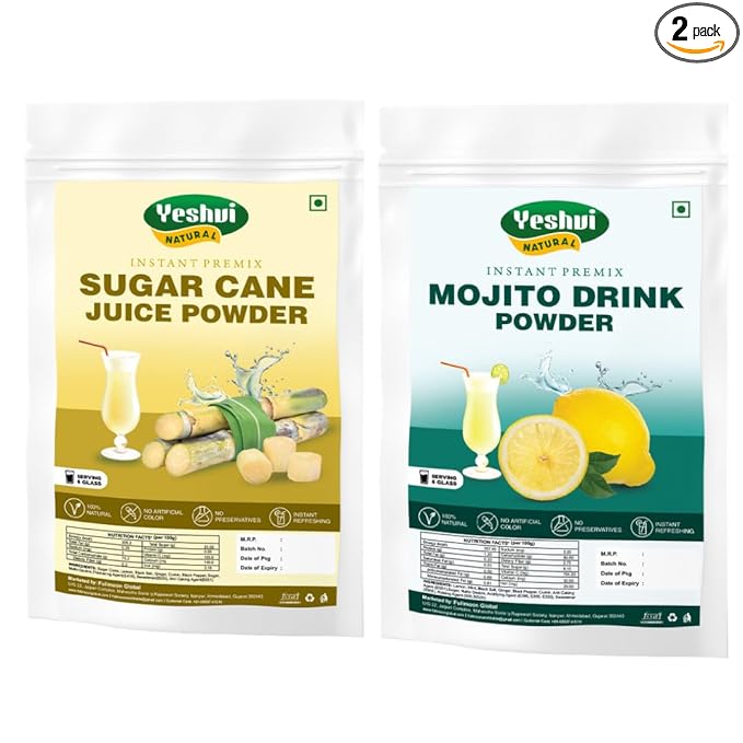 Yeshvi NATURAL Sugarcane Juice Powder &amp Mojito Drink Powder Combo Pack Instant Mix Energy Drink Powder Immunity Booster Fizzy Party Drink Easy to Make Healthy Beverage 200gm