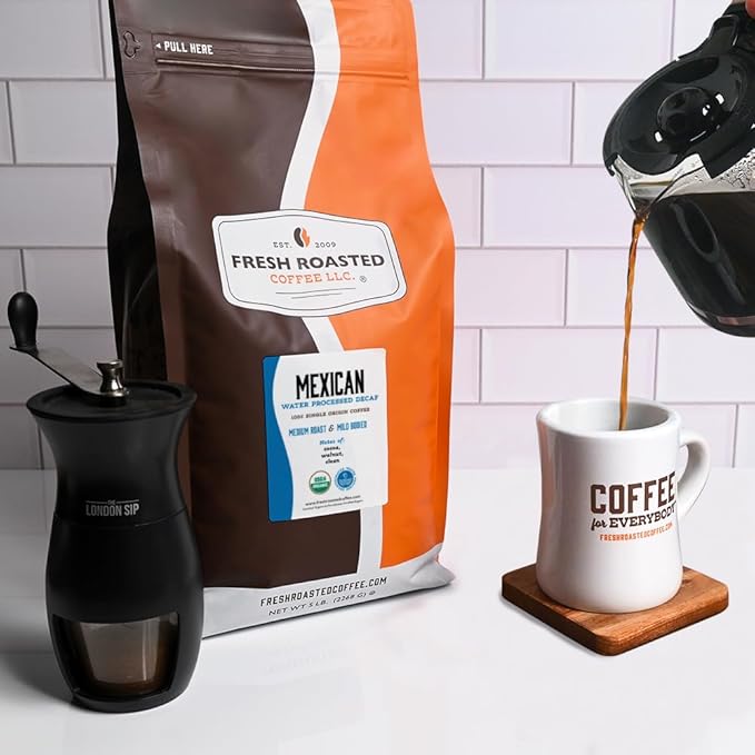 Fresh Roasted Coffee Organic Mexican Water-Processed Decaf | USDA Organic 100% Single Origin Kosher | Medium Roast 5 lb (80 oz) Ground