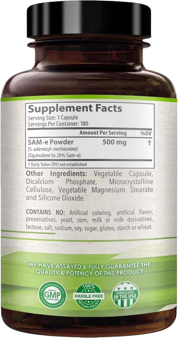 500mg SAM-e Supplement - High Strength 500mg S-Adenosyl-L-Methionine Capsules for Brain Liver and Mood Support - Non-GMO High Absorption Same Supplement (180 Capsules)