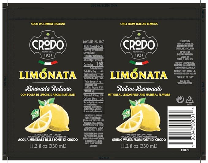 Fonti Di Crodo Limonata Italian Sparkling Lemonade 11.2 Oz. Cans (Pack of 24)