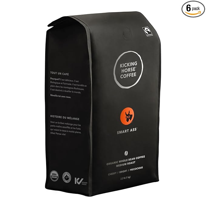 Kicking Horse Coffee Smart Ass Medium Roast Whole Bean 1 Kg (Pack of 6) - Certified Organic Fairtrade Kosher