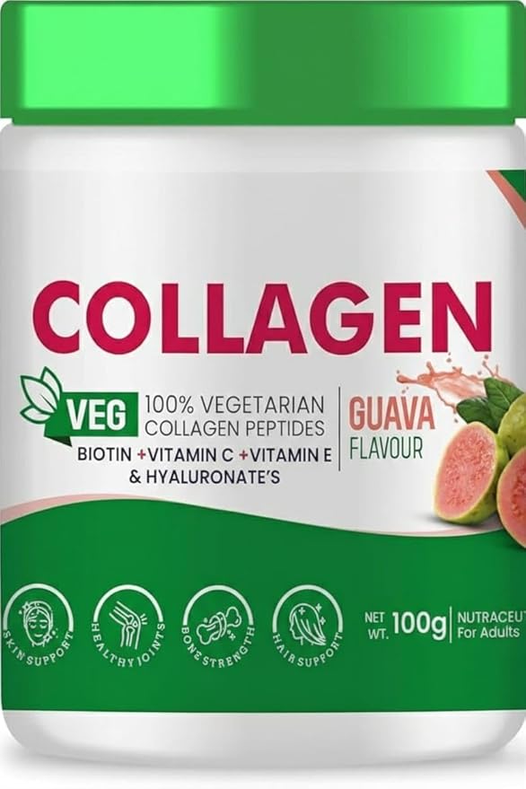 Vegetarian Collagen Supplements Powder by for Healthy Skin Hair &amp Nails 100G Guava Flavour with Biotin Vitamin C Vitamin E &amp Hyaluronates