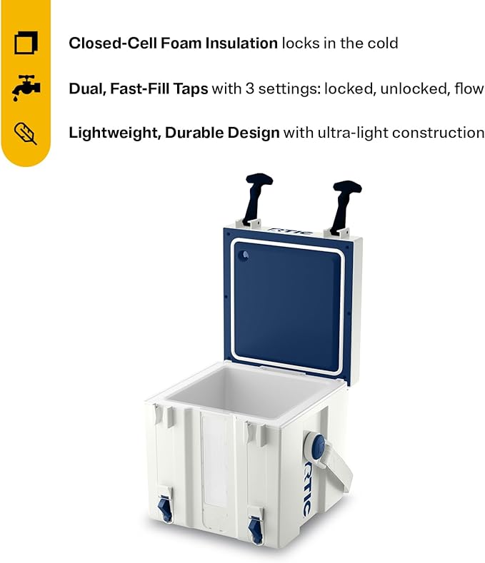 RTIC Halftime Water Cooler 3 Gallon Portable Carrier Container Drink Beverage Dispenser Stackable with 2 Taps Bottleless BPA-Free for Sports Camping BBQ Parties Picnic Cool Grey &amp Navy