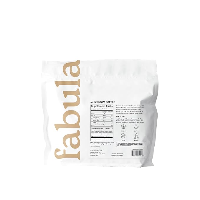 Fabula Instant Mushroom Coffee with Cordyceps Reishi King Trumpet Shiitake Lion’s Mane Turkey Tail Organic Arabica Blend - Low Acid Mold Free - 13 oz