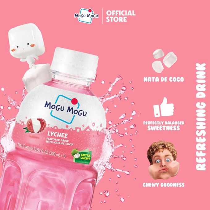 Mogu Mogu Lychee Juice with Nata de Coco (Coconut Jelly) – Fun &amp Chewy Juice Drink 24-Bottle Carton Pack 10.82 fl oz Each