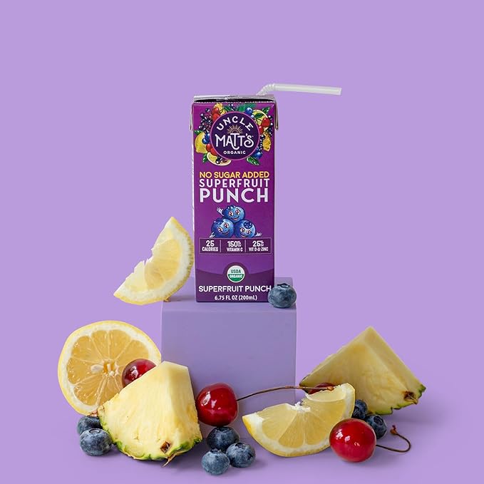 Uncle Matt’s Organic Juice Boxes – 32 pack No Added Cane Sugar Superfruit Punch USDA Organic Only 40 Calories with Vitamin C D &amp Zinc Kid-Friendly Juice Drinks
