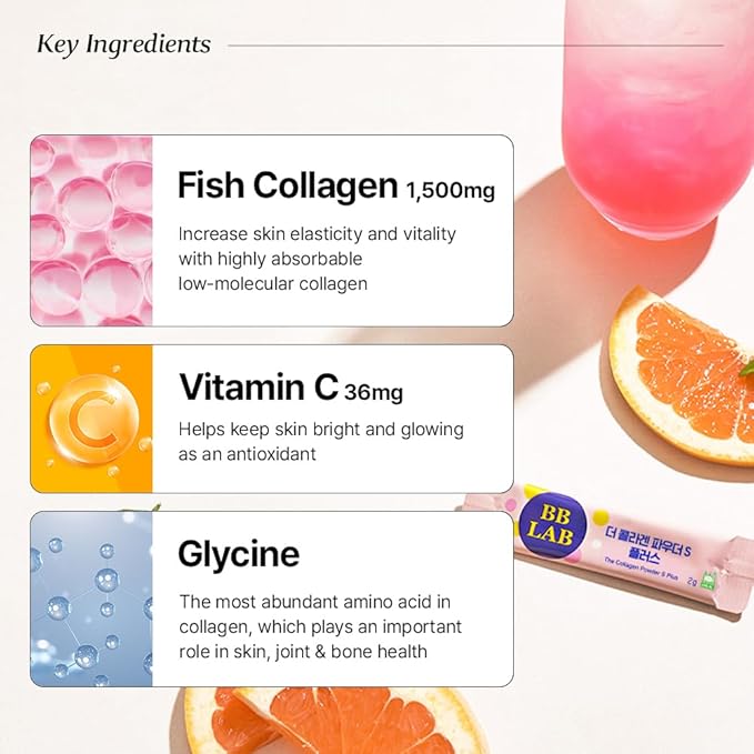 BB LAB Collagen Powder S Plus Halal Low Molecular Korean Collagen Powder Stick Supplement Marine Fish Collagen Peptides Vitamin C Glycine Fast Absorption Grapefruit Flavor