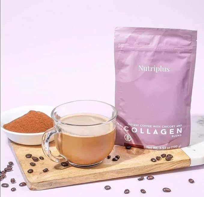 FARMASi Nutriplus Instant Coffee with Chicory and Collagen Medium Roast Soluble Coffee Blend Low Caffeine Alternative Beverage Non GMO Sugar Free 3.53 oz