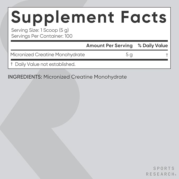 Sports Research Creatine Monohydrate - Gain Lean Muscle Improve Performance and Strength and Support Workout Recovery* - 5 g Micronized Creatine - 17.64 oz