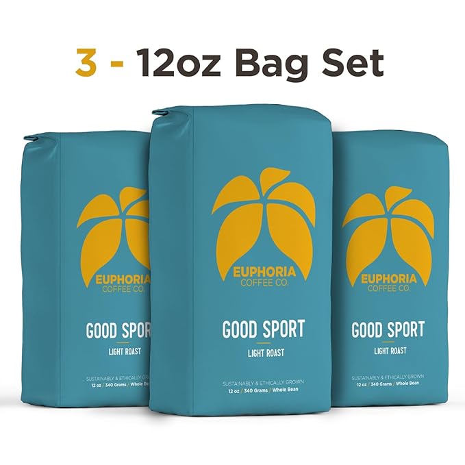 EUPHORIA COFFEE CO. Good Sport Whole Bean Coffee - Light Roast | 12oz Bag (3 Pack)