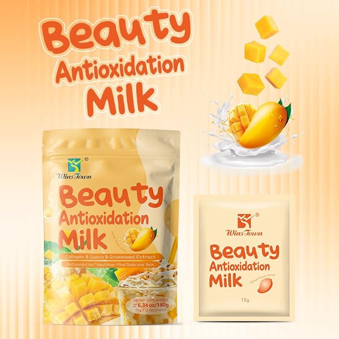 Mango Collagen Drink Mix–Creamy Beauty Milk Powder with Marine Collagen Peptides &amp Fruit Extracts–Daily Beauty Drink for Smooth Lifestyle Routines–6.34 oz