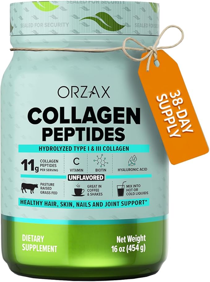 ORZAX Collagen Peptides Powder - 11 g Collagen Type I &amp III Biotin &amp Hyaluronic Acid 16 oz (Unflavored)