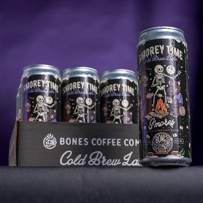 Bones Coffee Company S'morey Time Latte S'mores Flavored Coffee Medium Roast Ready To Drink Iced Coffee in Can 11 Fl Oz Can (12 Pack)