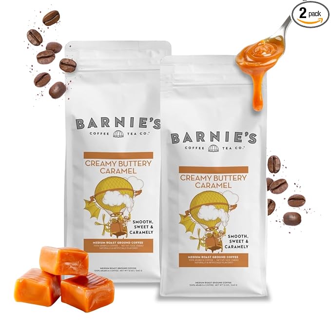 Barnie's Coffee Creamy Buttery Caramel Ground Coffee with Smooth and Sweet Caramel Flavor Medium Roasted Arabica Coffee Beans Gluten and Nut Free 12 oz Bag (Pack of 2)