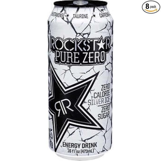 Rockstar Pure Zero Silver Energy Drink 16 Ounce (8 Cans)