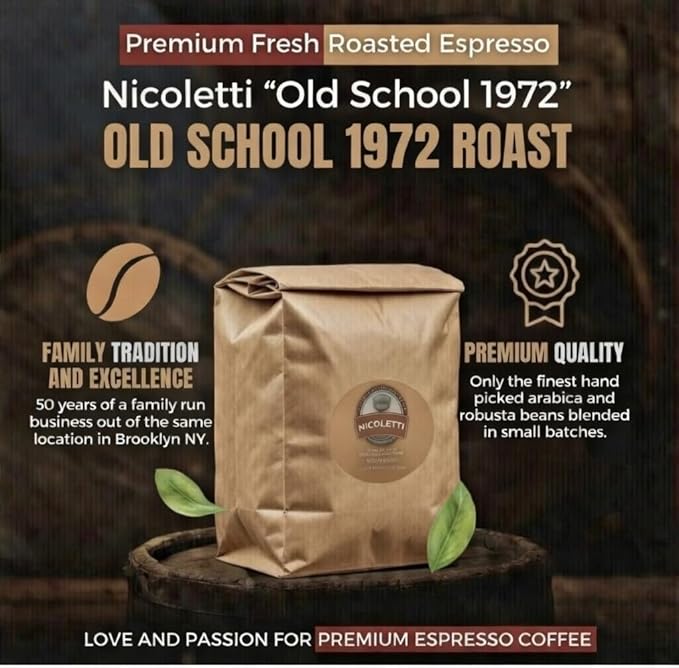 Nicoletti Coffee Old School 1972 Espresso Roast 50% Arabica 50% Robusta Medium Roast Whole Bean 5 Pounds
