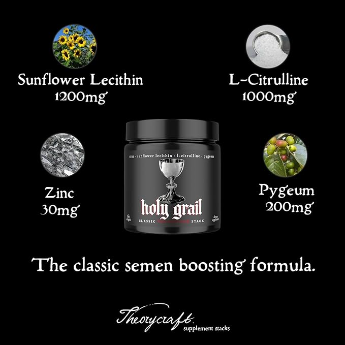 Holy Grail - Classic Semen Volume Booster Stack | Softgel = Higher Bio-Availability | Men's Load &amp Fertility Enhancer | Sunflower Lecithin Pygeum L-Citrulline &amp Zinc for Testosterone | One