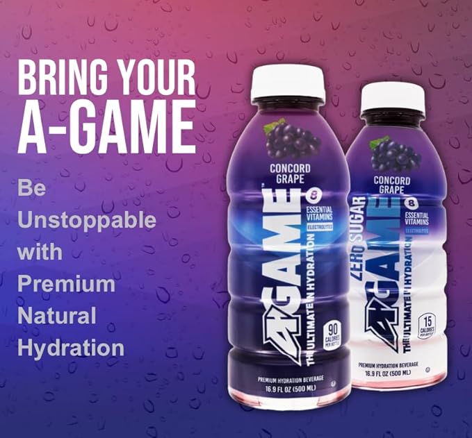 A-GAME Sports Drink Concord Grape The Ultimate Hydration Sports Beverage for Athletes 8 Essential Vitamins including B C &amp E plus Natural Sea Salt Electrolytes All Natural Flavors &amp Swee