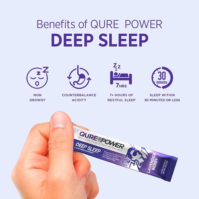 QURE Deep Sleep Aid Drink Mix w/ 5mg Melatonin &amp L-Theanine for Stress Relief | Non - Habit Forming Magnesium &amp 5 - HTP Powder | Alkaline Hydration | 15 Sticks (1 Box)