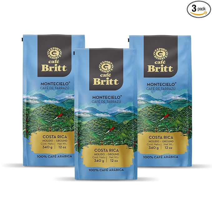 Café Britt® - Costa Rican Montecielo Coffee From Tarrazu (12 oz.) (3-Pack) - Ground Arabica Coffee Kosher Gluten Free 100% Gourmet &amp Medium Dark Roast