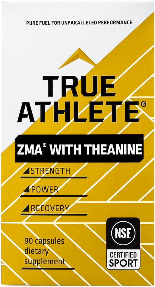 True Athlete ZMA + L Theanine Capsules Zinc Magnesium and Vitamin B6 Supplement for Active Men and Women Supports Recovery and Relaxation Gluten Free Sugar Free 90 Capsules