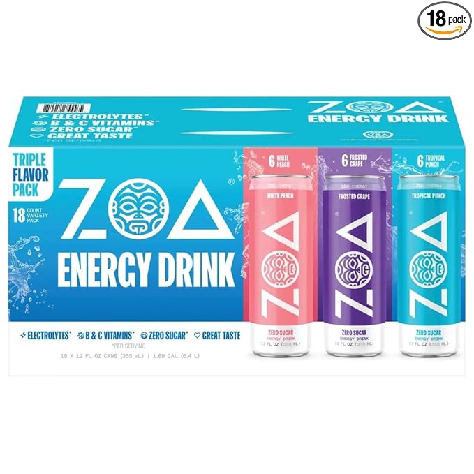 ZOA Zero Sugar Energy Drink Variety Pack 18 12 oz cans White Peach Tropical Punch Frosted Grape