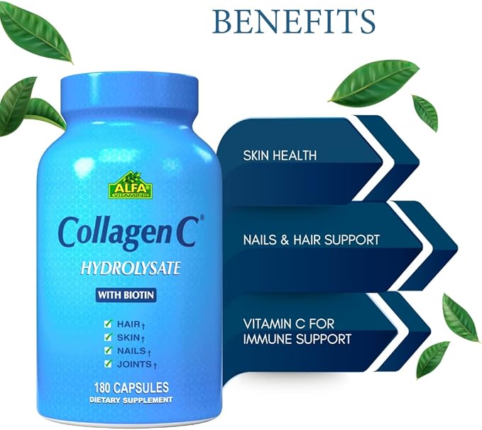 ALFA VITAMINS CollagenC Collagen Hydrolysate Capsules with Biotin - Anti-Aging Nutritional Supplement for Skin Nails &amp Hair Rejuvenation - Supports Bone &amp Muscle - Made in USA - 180 Capsules