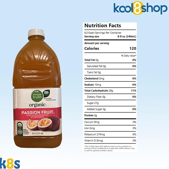 Simple Truth Organic Passion Fruit Juice 64 fl oz Plastic Bottles 4 Pack + 15 Sugarcane Disposable Straws by KOOL8SHOP Infinite Deals