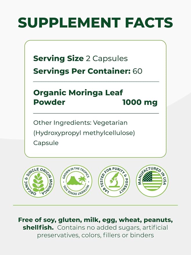 PURA VIDA MORINGA Organic Moringa Capsules Pure Moringa Leaf Powder Single Origin for Energy Metabolism &amp Immune Support 120ct 500mg Caps