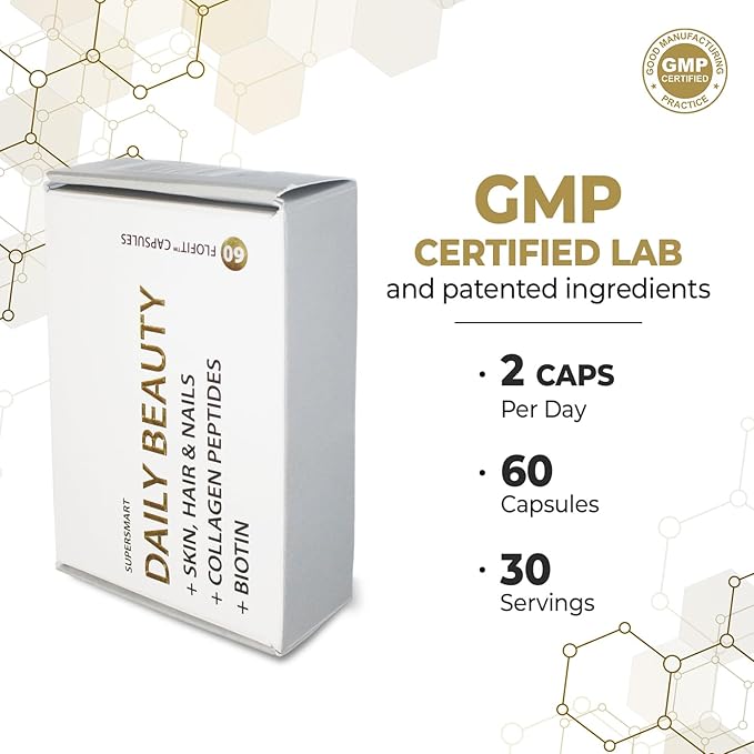 Supersmart - Daily Beauty (Patented &amp High Potency) - with Verisol Collagen Peptides Hyaluronic Acid Soluble Keratin Biotin | Non-GMO &amp No fillers &amp Gluten Free - 60 Flofit Capsules