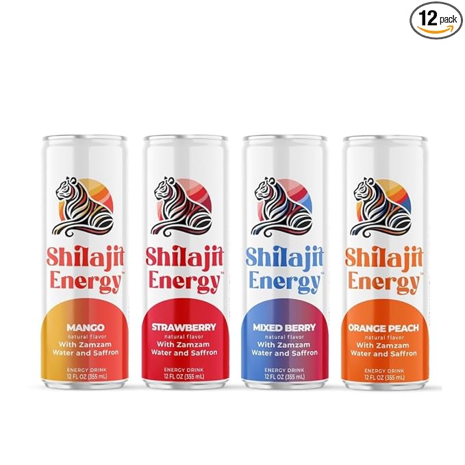 Shilajit Energy Drink Variety Pack – Mango Orange Peach Strawberry and Mixed Berry – 12-Pack