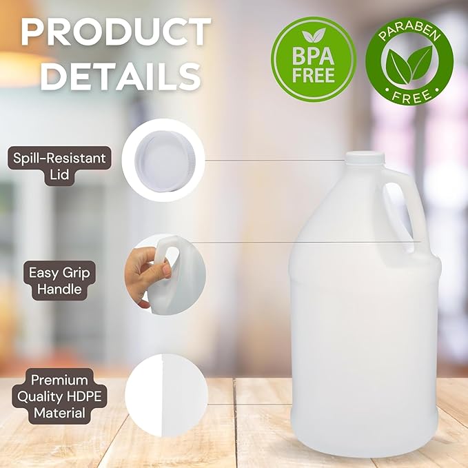 Plastic Jug 1 Gallon (4 Pack) Heavy-Duty HDPE With White Tamper Evident Screw Caps – Great for Homemade Juices Milk Smoothies Tea and Other Beverages - Food Grade BPA Free