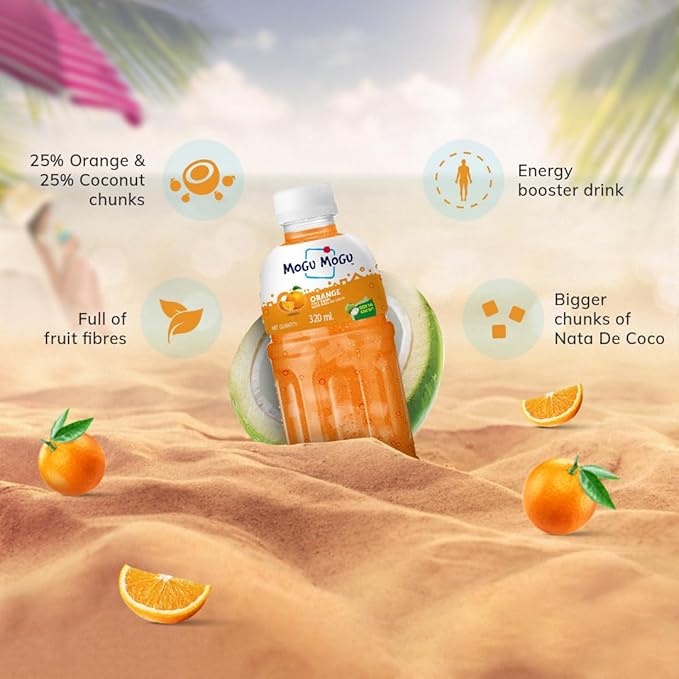 Mogu Mogu Lychee &amp Orange Juice Drink with Nata de Coco Jelly 320ml (Pack of 6)| Refreshing Tropical Thai-Made Sip &amp Chew Beverage