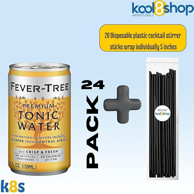 Fever-Tree Tonic Water Premium Mixer 5.07 fl oz Aluminum Can 24 Pack + 20 Plastic Stirrer Sticks by KOOL8SHOP Infinite Deals