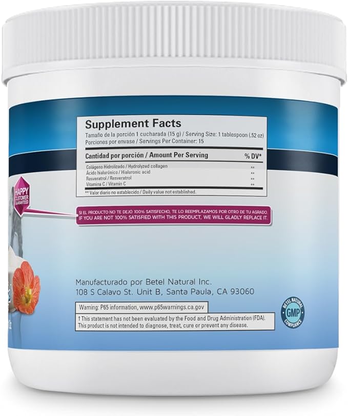 Betel Natural Colágeno Hidrolizado en Polvo con Ácido Hialurónico Resveratrol y Vitamina C – 8 oz | Sabor Natural | Apoyo para Piel Cabello y Uñas | Suplemento Alimenticio de