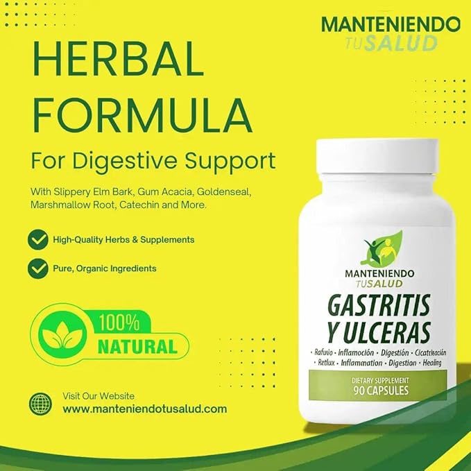 Gastritis y Ulceras Digestive Support Slippery Elm Bark Goldenseal Root 90 Capsules