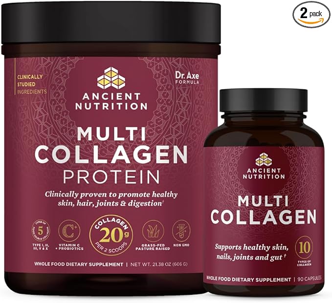 Ancient Nutrition Multi Collagen Capules 90 Count + Multi Collagen Protein Powder Unflavored 60 Servings