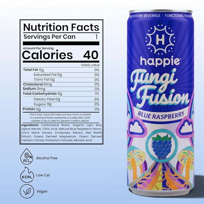 Happie Fungi Fusion Blue Raspberry – Sparkling Adaptogen Drink with Lion’s Mane Cordyceps &amp Red Reishi – Plant-Based Nootropic 40 Calorie Agave Nectar Vegan Wellness Soda Alternative