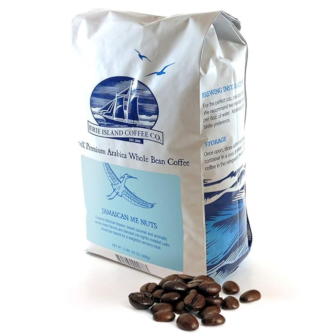 Erie Island Coffee Whole Bean Jamaican Me Nuts Light Roast 2 LB. Bag Flavored Coffee Blended with Mexican liqueur Caramel and Vanilla Bean Flavors