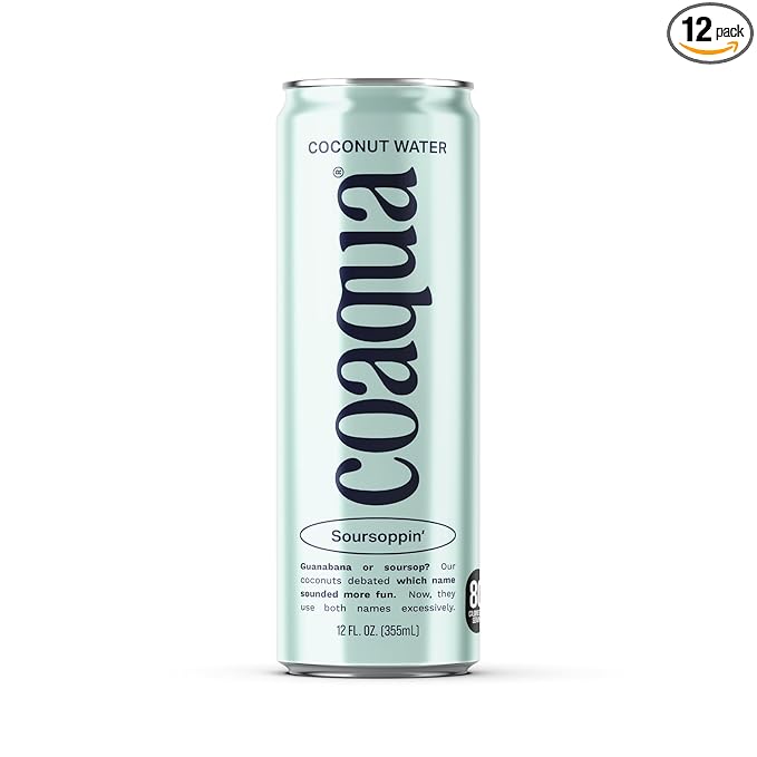 Coaqua Soursoppin’ Coconut Water (12 Pack) Refreshing Electrolyte Drink for Hydration &amp Wellness – Zero Fat Gluten-Free Coconut Water with Soursop Juice - 12 fl oz Cans