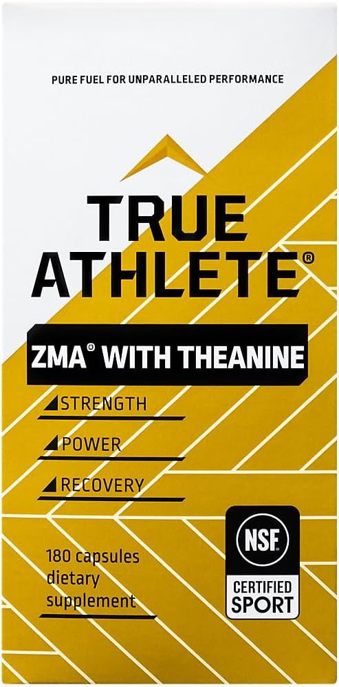 True Athlete ZMA + L Theanine Capsules Zinc Magnesium and Vitamin B6 Supplement for Active Men and Women Supports Recovery and Relaxation Gluten Free Sugar Free 180 Capsules
