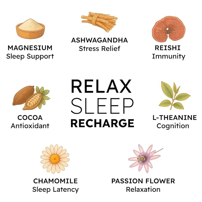 Brainoa Sleep Cocoa for Chocolate Lovers – With Magnesium Glycinate Ashwagandha Reishi Mushroom &amp L-Theanine – Bedtime Sleep Aid Drink for Adults – No Melatonin Added Sugar or Artificial Flavo